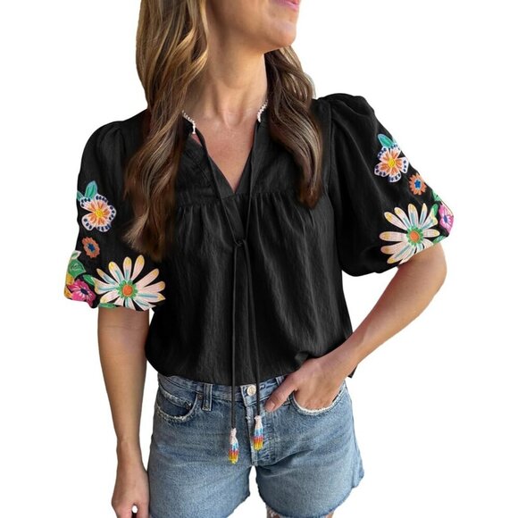 Tops - Women's Summer Boho Floral Embroidered V Neck Puff Sleeve Blouse Small